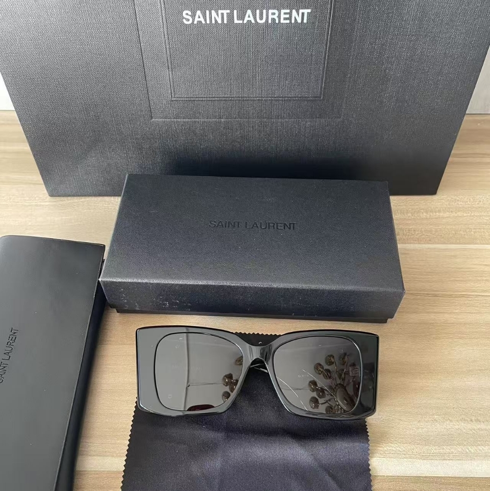 Yves Saint Laurent Black Sunglasses with Gold YSL Emblem - Picture 6 of 10